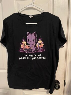 Black Graphic Tee with Purple Cat 'Dark Arts and Crafts' Design